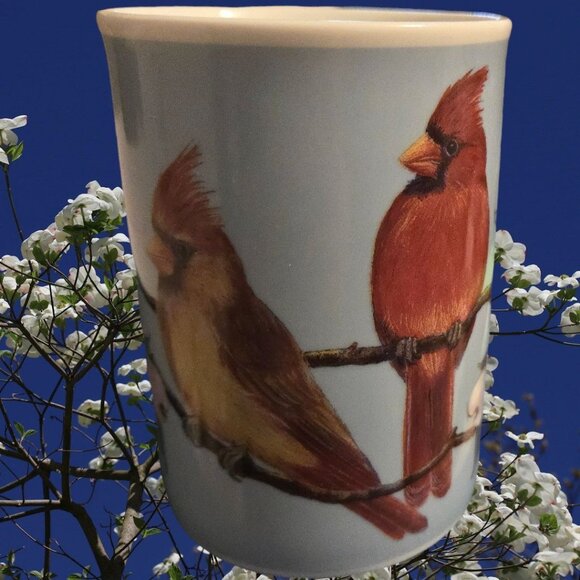 Garden Birds Mug By Maria Ryan Cardinals Dogwood Branch Bee Inhesion Porcelain - Picture 3 of 8